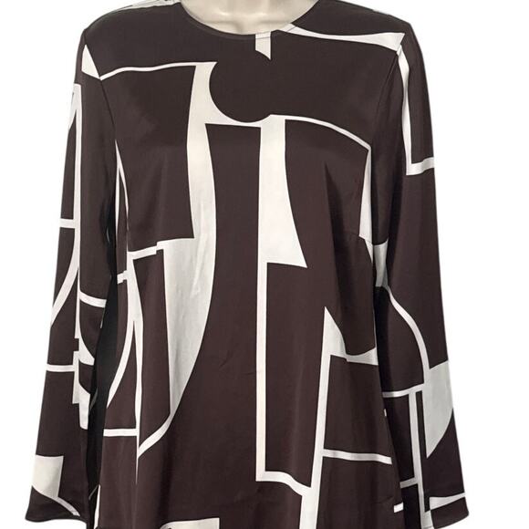 NWT Mango MNG Abstract Geo Print Long Sleeve Satin Dress Brown Cream Size M - Picture 9 of 13
